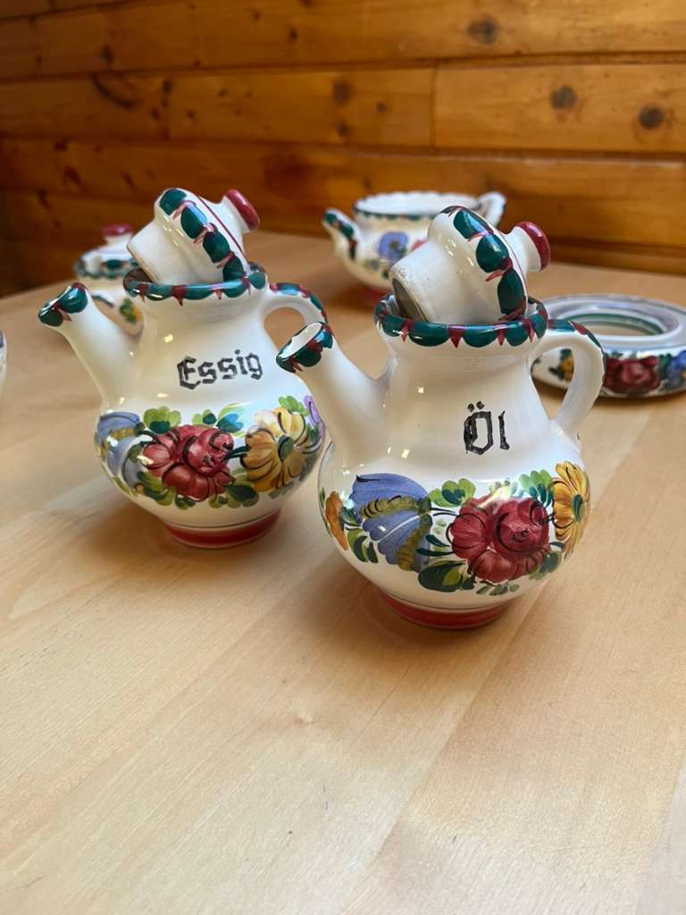(verkauft) Gmundner Keramik Bauernblume grüner Rand Essig und Öl - Kannen  Zuckerdose Topf