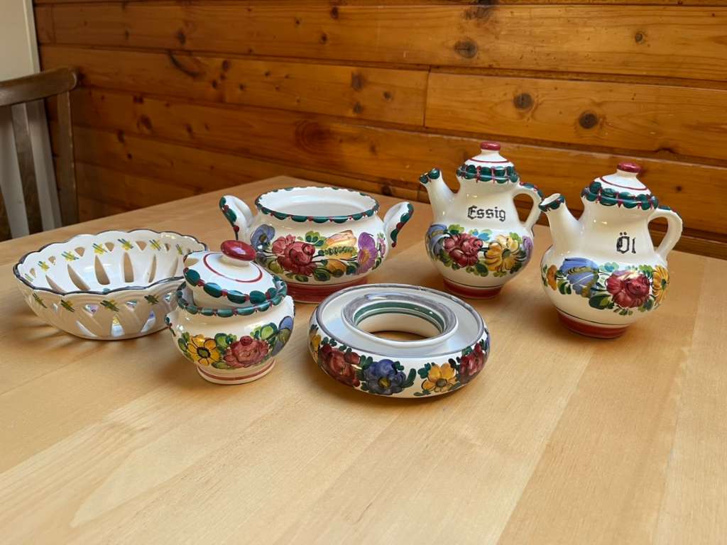 (verkauft) Gmundner Keramik Bauernblume grüner Rand Essig und Öl - Kannen  Zuckerdose Topf