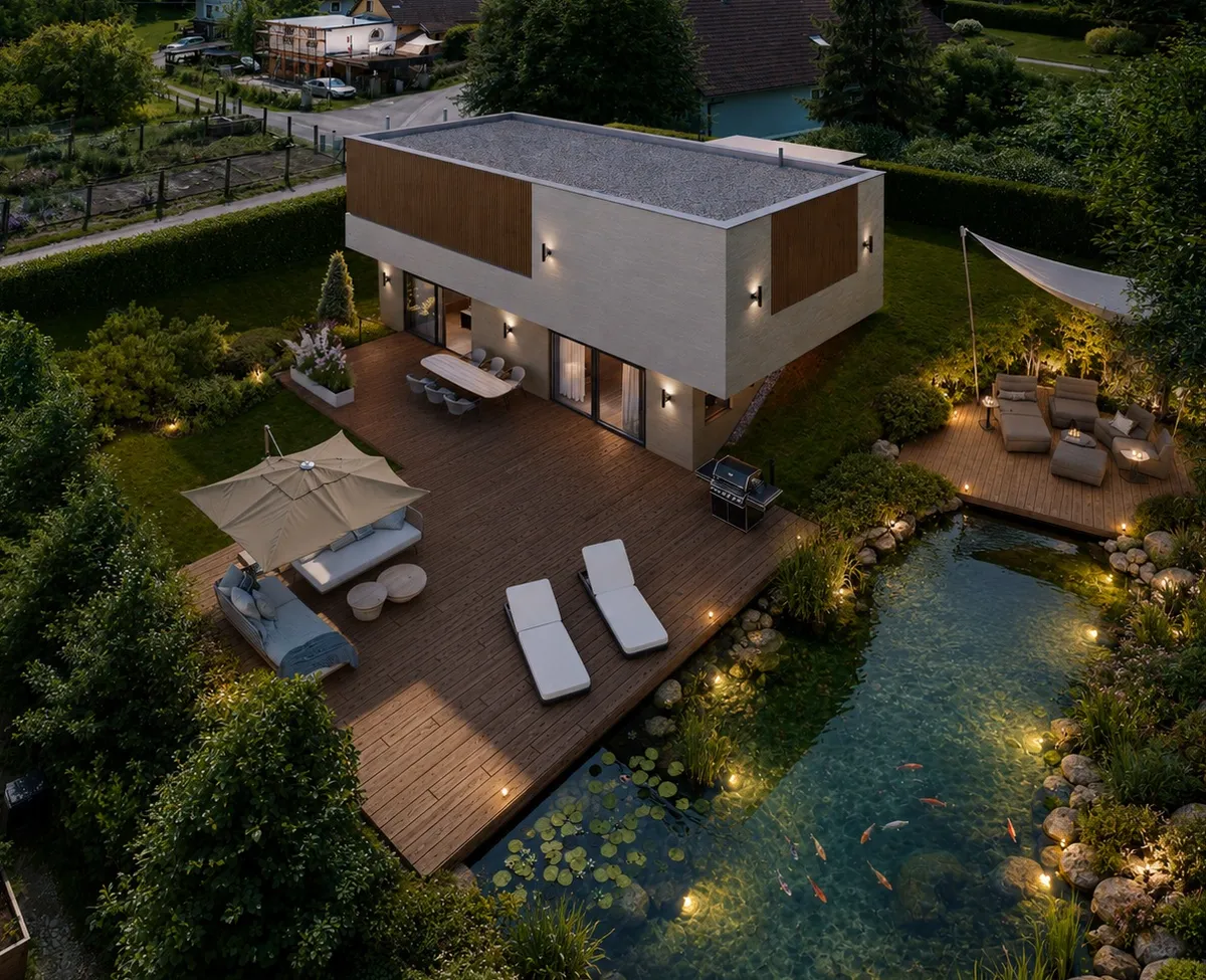 vom Teichgrundstück zum genehmigten Architektenhaus mit Terrasse über Teich - Ansicht 3