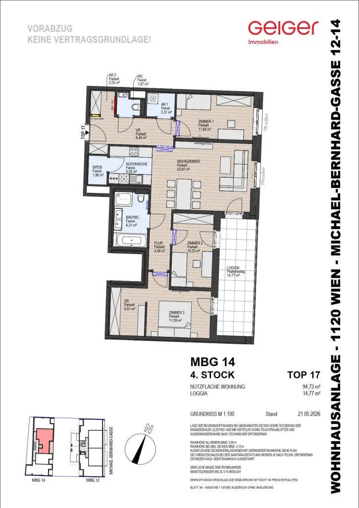 Ruhige 4-Zimmer Wohnung mit großzügiger Loggia im Innenhof - Top 14.17 - Ansicht 2