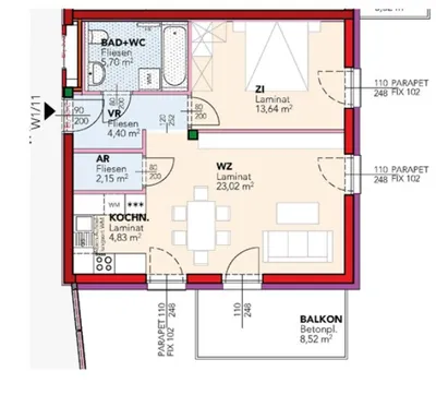 2-Zimmer-Wohnung mieten in Mistelbach – 53,74 m², € 600 – Bild 2 von 2