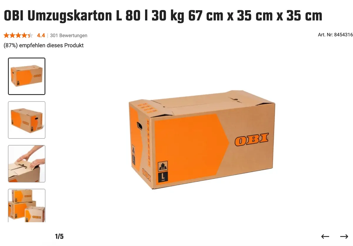Umzugskartons (OBI, L | 67 x 35 x 35 cm), € 1,50 (1040 Wien)