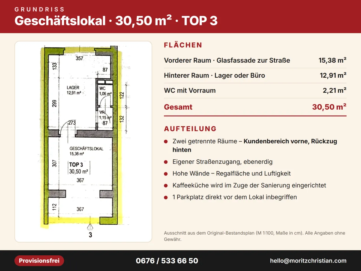Geschäftslokal 30 m² | Erstbezug nach Sanierung | Parkplatz | Zentral | Provisionsfrei | 1210 Wien - Ansicht 2