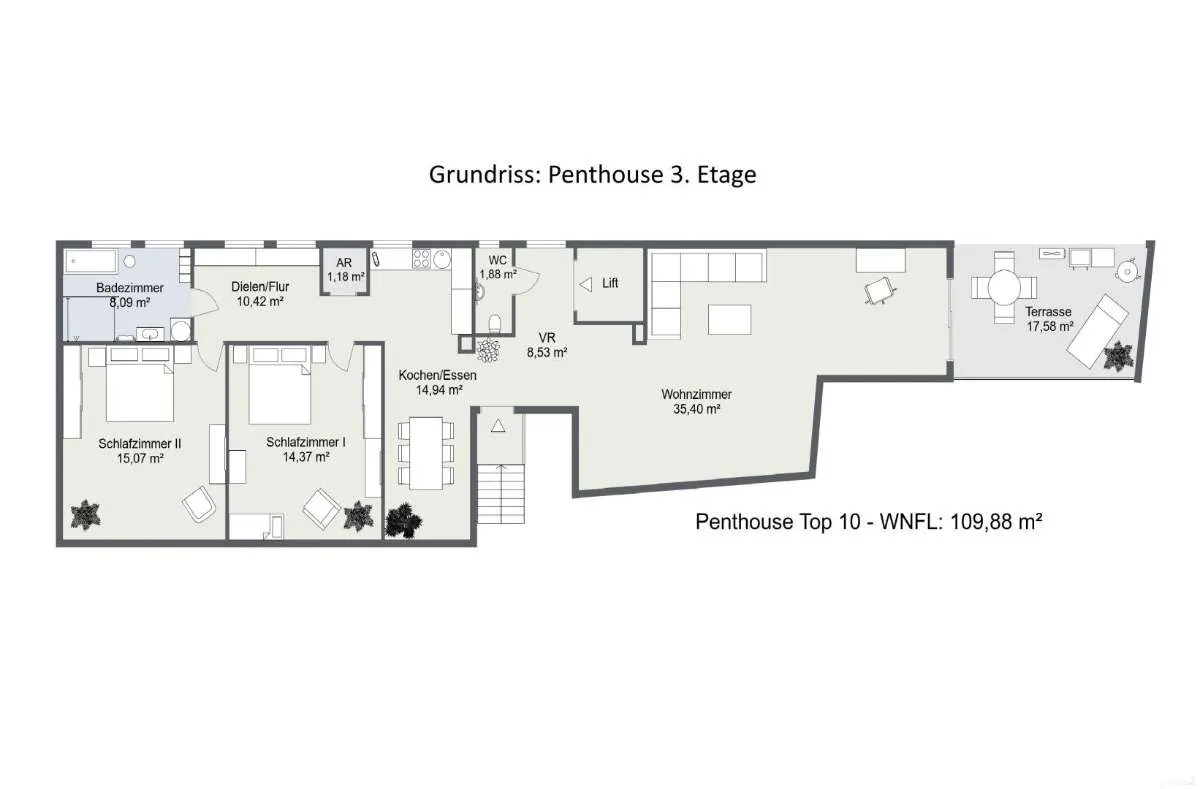 Exklusives Neubau-Penthouse mit Lift direkt in die Wohnung, Klimaanlage & Panoramaterrasse - Graz Jakomini - Ansicht 2