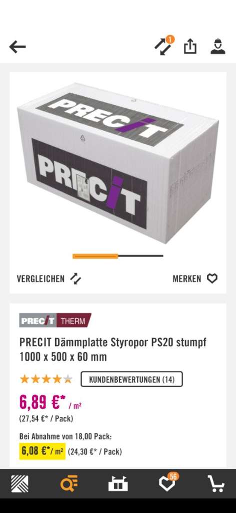 (verkauft) PRECIT Dämmplatte Styropor PS20 stumpf 1000 x 500 x 60 mm