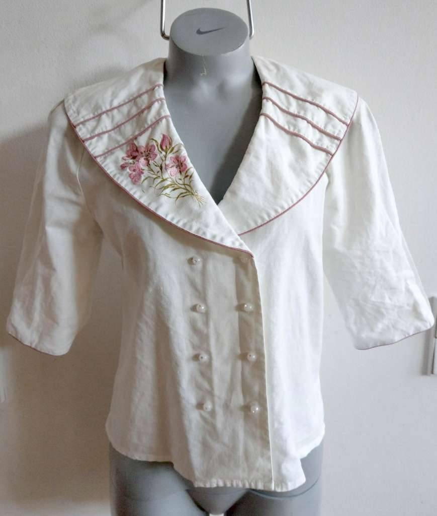 Vintage - Bluse Trachtenbluse Landhausbluse Kurzarmbluse mit Stickerei und Schulterpolster - Gr. 40
