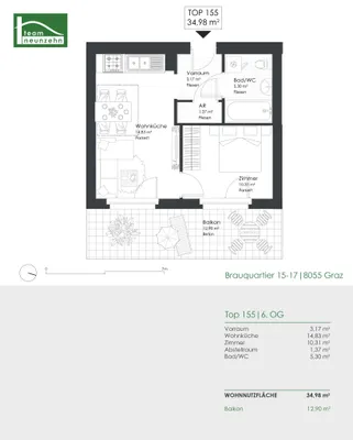 2-Zimmer-Wohnung mieten in Graz – 34,98 m², € 666 – Bild 18 von 18