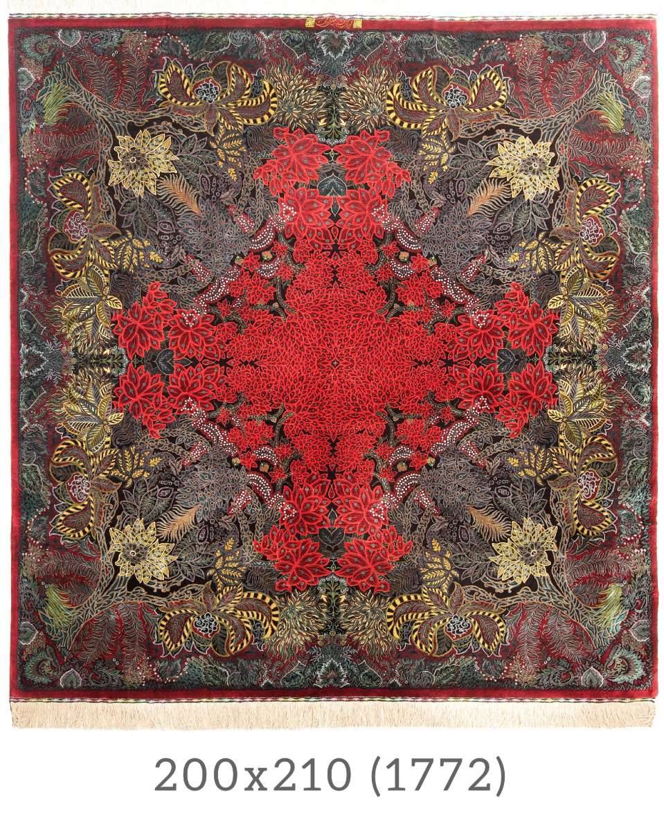 NEU 200×210 cm Handgeknüpfter Erami Ghom Seidenteppich "Flower Garden - Golfarang" | 70 Raj | ca. 4.200.000 Knoten | 100 % Seide auf Seide
