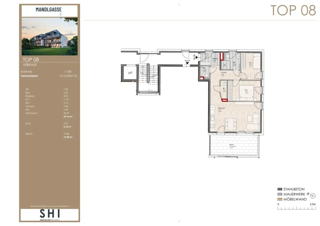 MANDLGASSE, TOP 08: 3-Zimmer-Wohnung mit XL Balkon im 1.OG - Ansicht 2