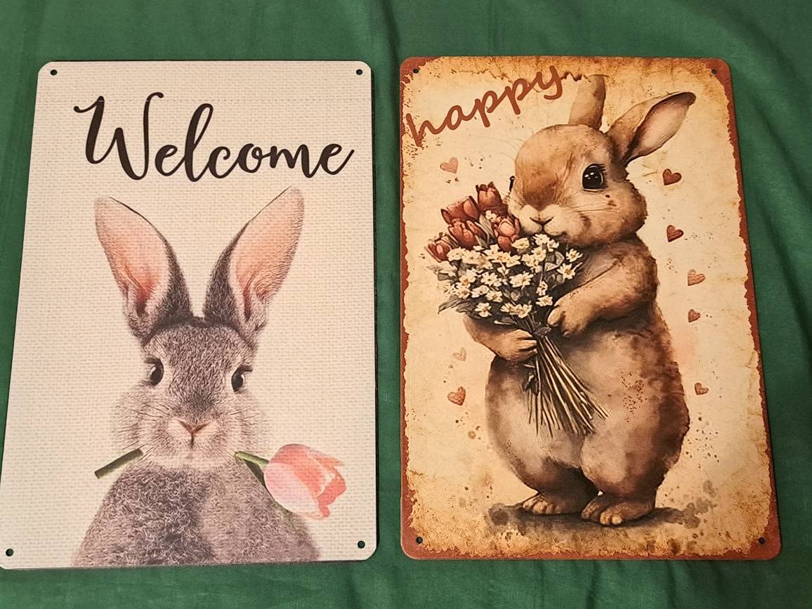 Metallschilder Vintage Welcome Hase HAPPY Blume Eingang Garten Freunde Geburtstag Liebe Glück