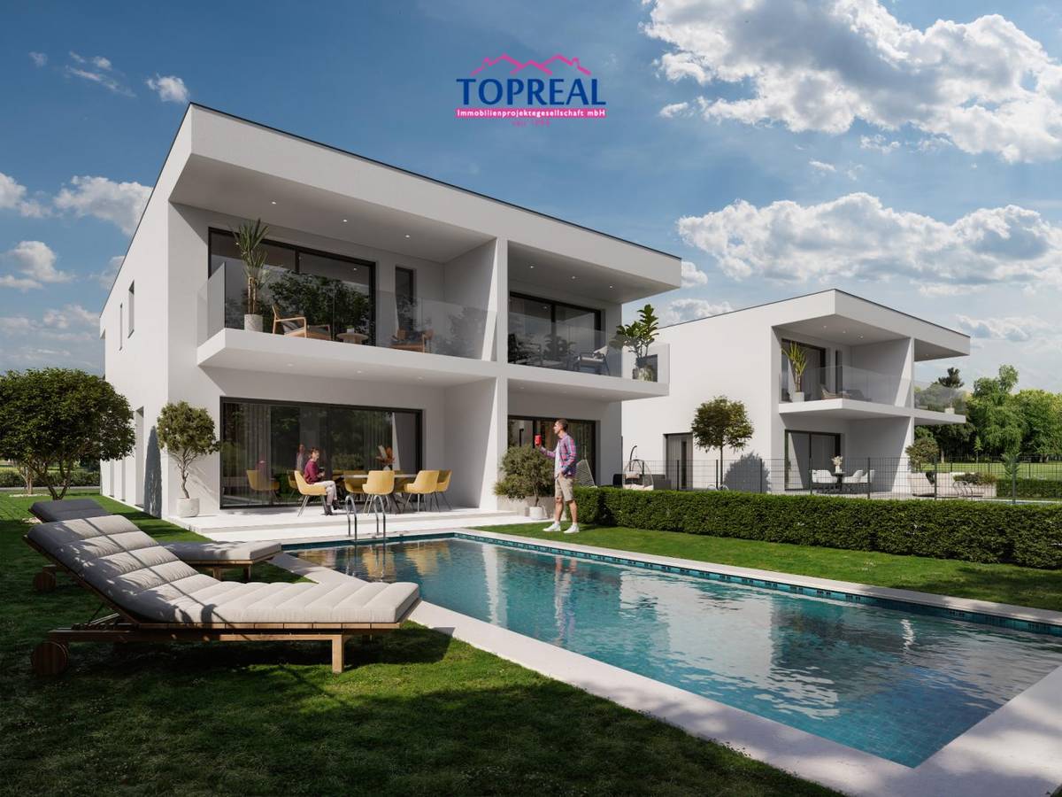 ***PROVISIONSFREI*** Schlüsselfertige Luxus-Doppelhaushälfte mit Pool, Panorama-Glasfronten und traumhafter Nähe zur Traun - Haus 1, Edt