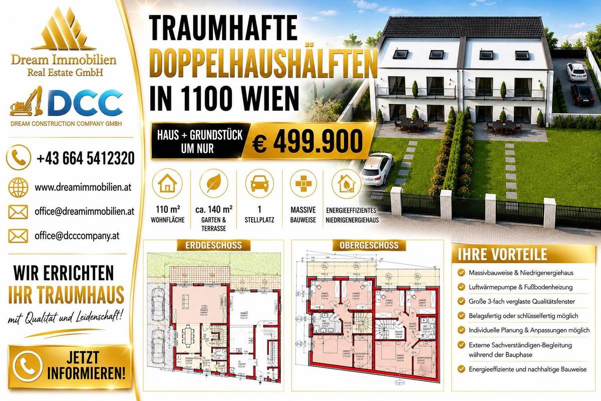 Traumhafte Doppelhaushälfte (schlüsselfertig) mit Garten & Terrasse in Wien 1100 - Neubau um nur EUR 499.900, Wien