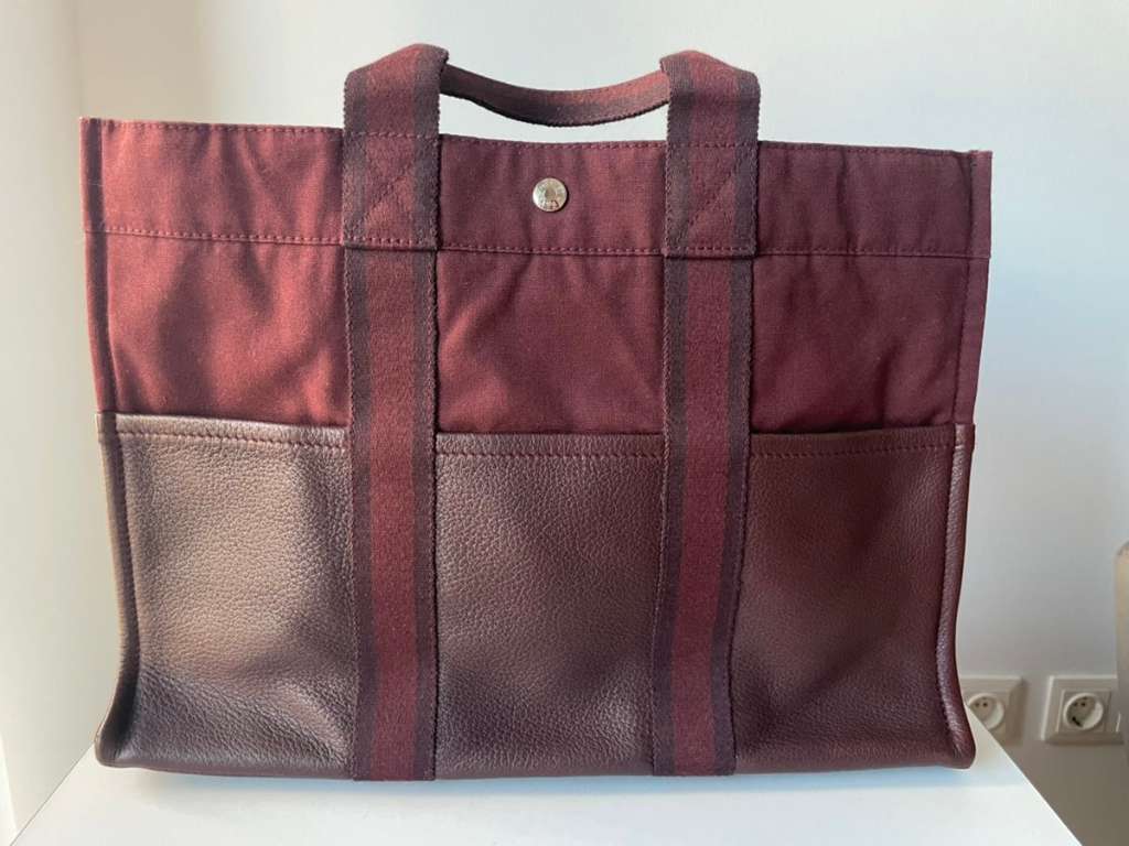 Hermes Fourre Tout Half Leather Canvas Tote Hand Bag Bordeaux