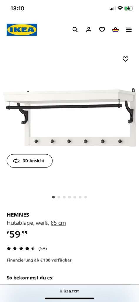 (verkauft) 1x IKEA HEMNES, Hutablage/ Wandgaderobe/ Gaderobe