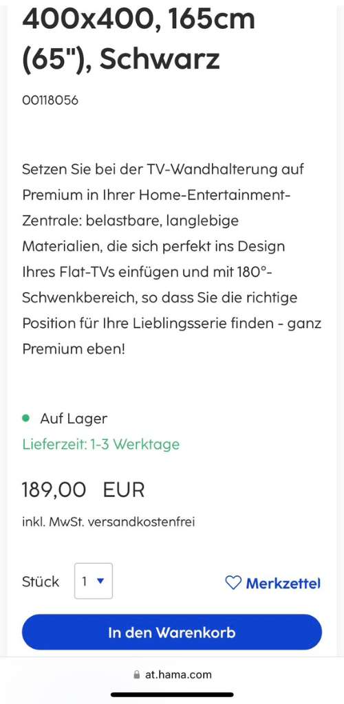 Hama TV-Wandhalterung Fullmotion Premium 32 - 65 Zoll, € 50,- (2345 Brunn  am Gebirge) - willhaben