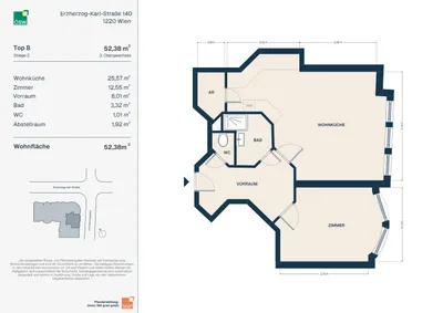 2-Zimmer-Wohnung mieten in Wien – 52,38 m², € 706 – Bild 2 von 8