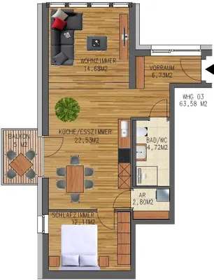 3-Zimmer-Wohnung mieten in Voitsberg – 64 m², € 615 – Bild 2 von 10