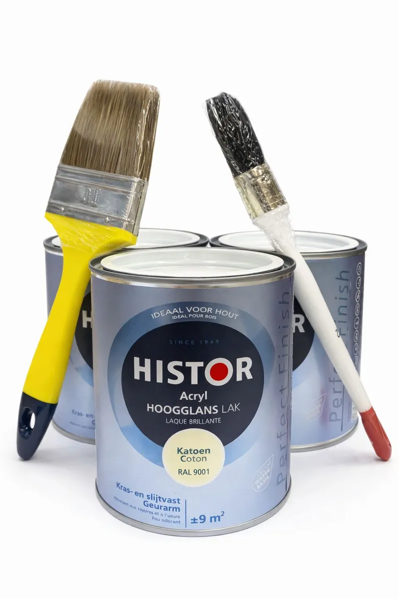 SET 3x Histor Acryl Hochglanz Lack Katoen RAL 9001 mit 2x Pinseln für Holz & glatte Oberflächen