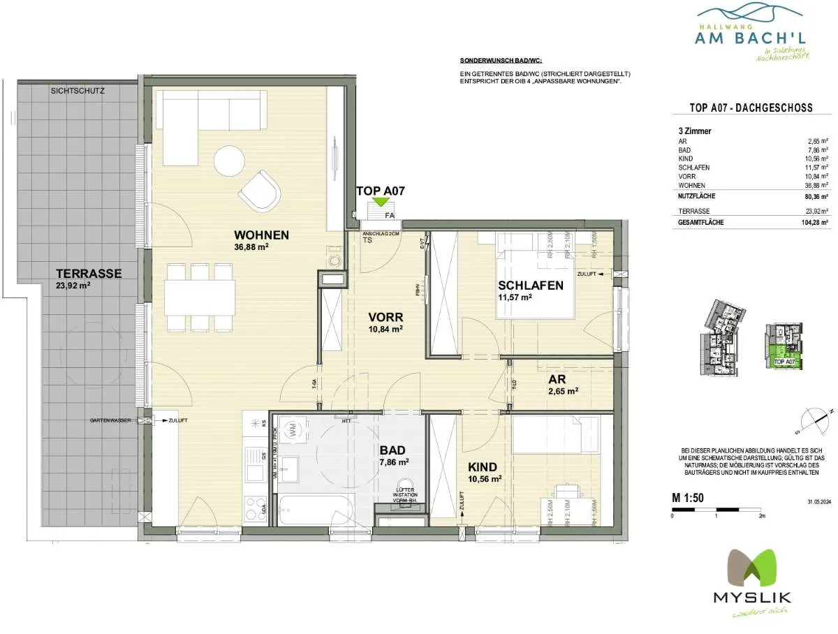 Wohnen im Grünen: 3-Zi.-Dachgeschoßwohnung mit Lift und Tiefgarage - Ansicht 2