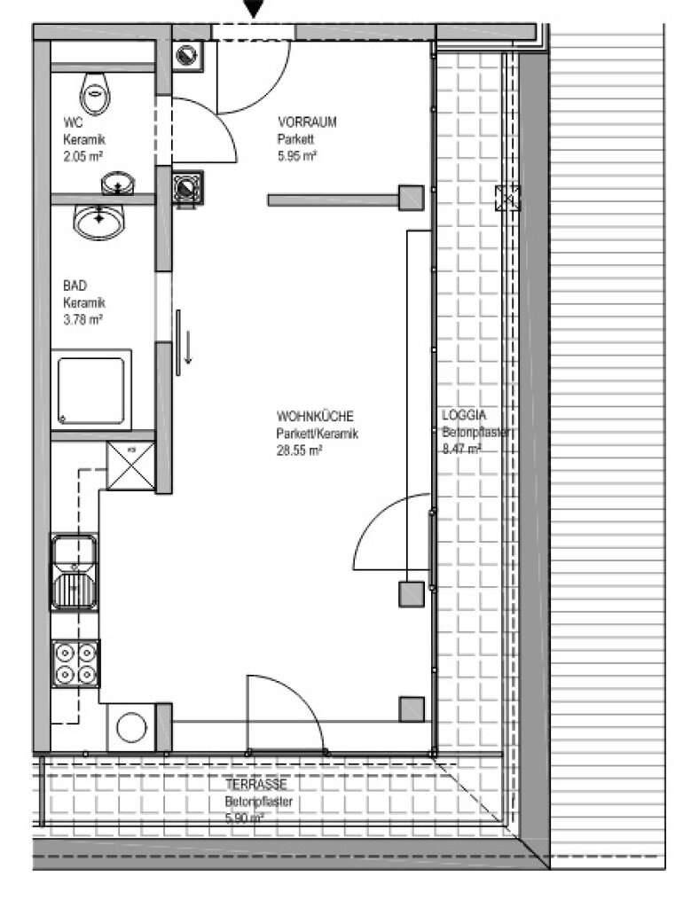 DACHGESCHOSS, INNSTRASSE, 49 m² Neubau mit 14 m² Loggia/Terrasse, 2 Zimmer, Komplettküche, Duschbad, Parketten - Ansicht 3