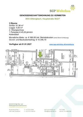 3-Zimmer-Wohnung mieten in Sankt Pölten Land – 91,96 m², € 586