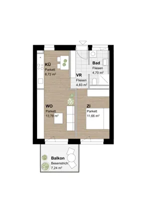 2-Zimmer-Wohnung mieten in Graz – 43,77 m², € 650 – Bild 1 von 7
