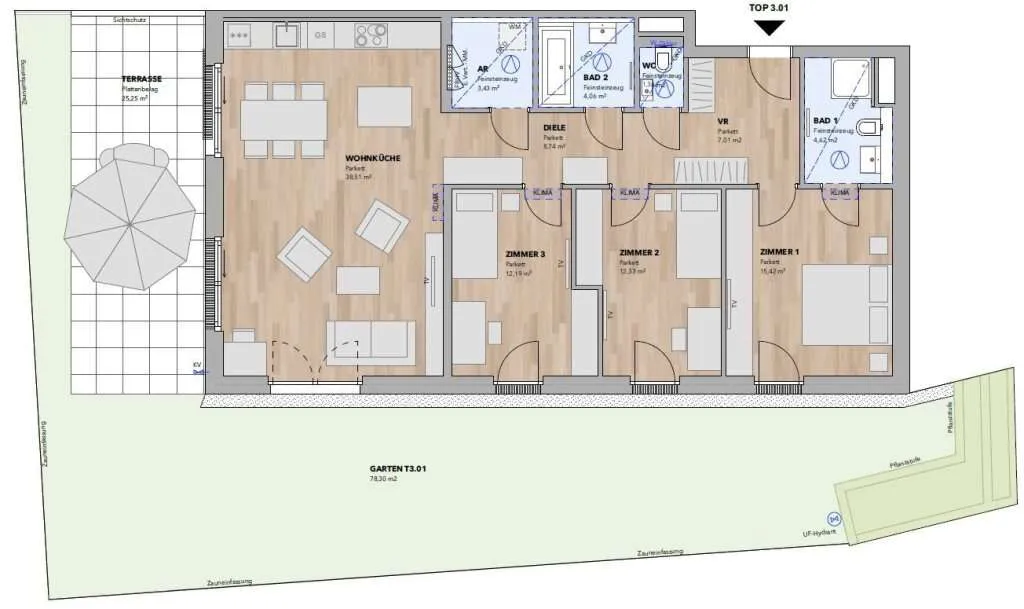 4-Zimmer Gartenwohnung am sonnigen Südhang - Top 3.01 - Ansicht 3