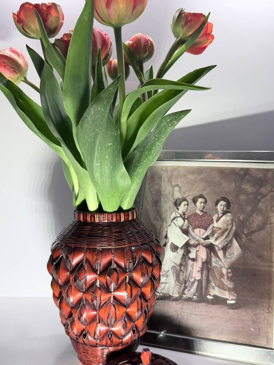 Japanische Korbvase Japan Korbkrug Ikebana Vase Bambus Rattan Flechtarbeit  Mid Century 50er 60er Showa Hanakago Deckelvase Asiatische Deko Vintage Vase  Korbgef Japan Dekoration Seltenes Sammlerstck Original Japan Handarbeit  Flechtvase Inneneinsatz ...