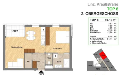 2-Zimmer-Wohnung mieten in Linz – 50,13 m², € 830 – Bild 2 von 3