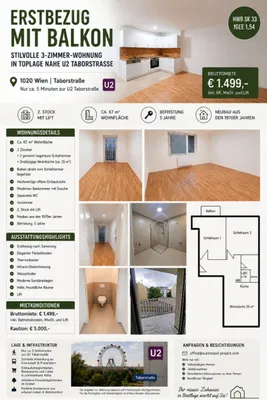 ERSTBEZUG MIT BALKON - STILVOLLE 3-ZIMMER-WOHNUNG IN TOPLAGE NAHE U2 TABORSTRASSE - Sofortbezug