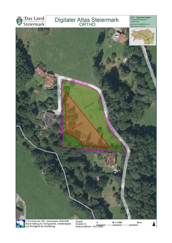 Baugrundstück (Gesamtfläche 4367 m² wovon 1500 m² Bauland*) in absoluter Grün- und Ruhelage!