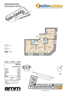 1-Zimmer-Wohnung mieten in Steyr – 9,29 m², € 452 – Bild 1 von 8