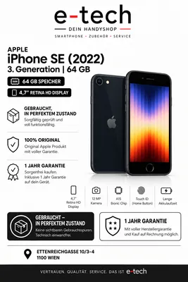 iPhone SE2022 3rd gen - 64GB, Batteriekapazität: 90% - 99% - Neuwertig in sehr guten Zustand, 1 Jahr Garantie, Werksoffe