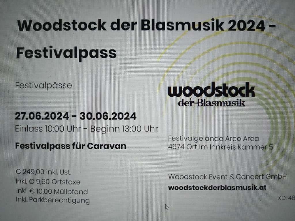 Verkaufe Festivalpass Woodstock good der Blasmusik 2023