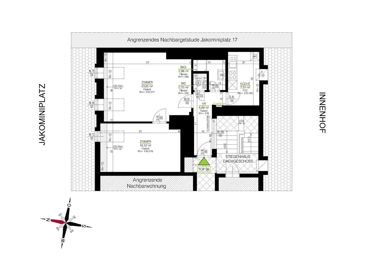 Jakominiplatz: 2 ZIMMER-Wohnung + extra Küche möbliert mit Fenster + Bad mit Dusche + extra WC! - Ansicht 2