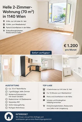 Helle 2-Zimmer-Wohnung (70 m²) in 1140 Wien-Penzing - 5 Min. zur U4