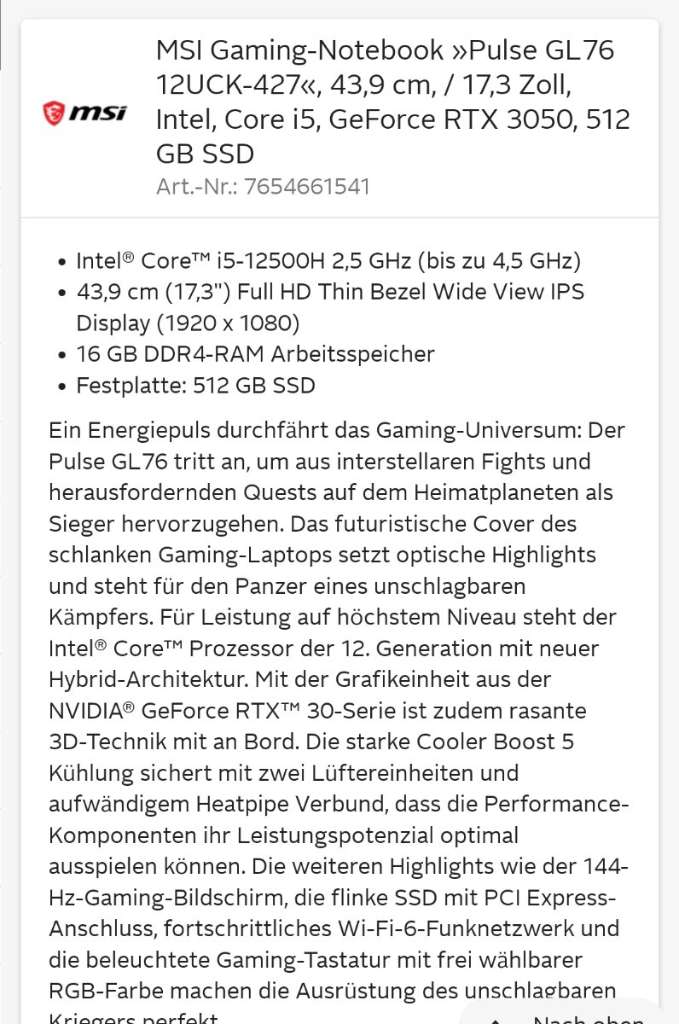 Gaming Laptop MSi Pulse GL 76, € 750,- (4053 Haid) - willhaben