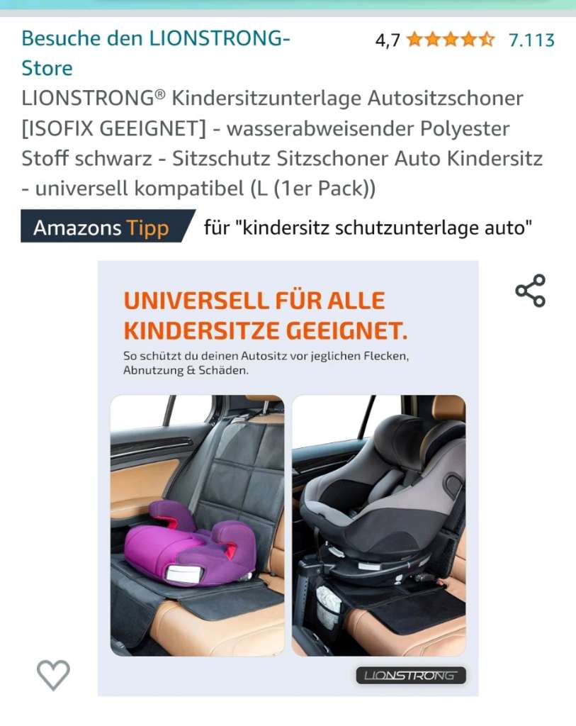 LIONSTRONG® Kindersitzunterlage Autositzschoner [ISOFIX GEEIGNET] -  wasserabweisender Polyester Stoff schwarz - Sitzschutz Sitzschoner Auto  Kindersitz - universell kompatibel (L (1er Pack)) : : Baby
