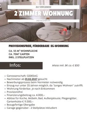 2-Zimmer-Wohnung mieten in Korneuburg – 55 m², € 850