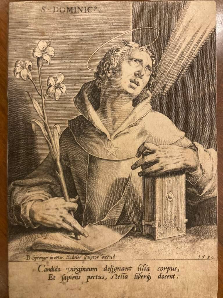 1582: Kupferstich S. Dominico Bartholomäus Spranger bei Sadeler Heilige Dominik Buch BLume Pflanze Meister Feder LIteratur