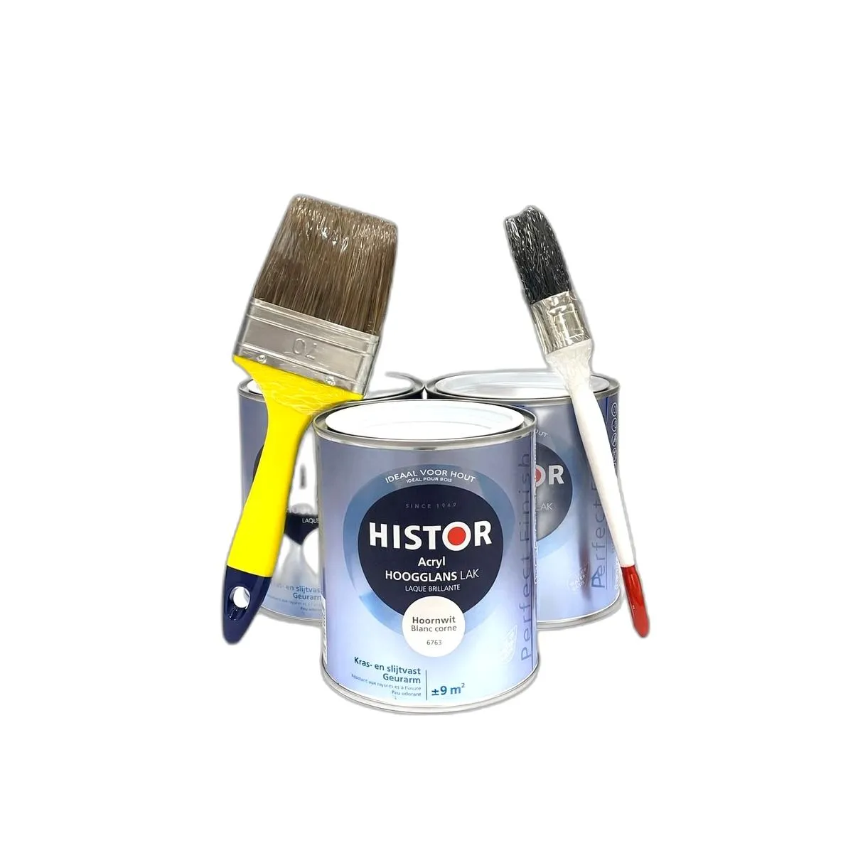 SET 3x Histor Acryl Hochglanz Lack Hoornwit / Blanc corne 6763 mit 2 Pinseln für Holz & glatte Oberflächen