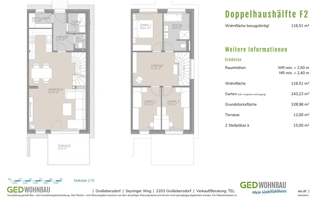 Energieeffiziente Doppelhaushälfte in Großebersdorf - Ihr provisionsfreies Traumhaus mit rd. 117 m² WNFL mit Garten - Ansicht 2