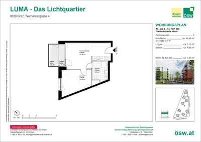 2-Zimmer-Wohnung mieten in Graz – 45,99 m², € 651 – Bild 2 von 11