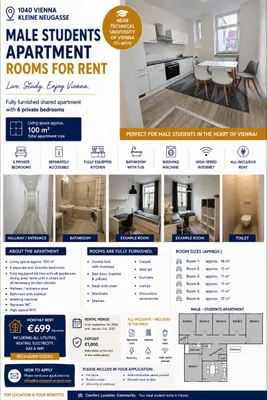 ZIMMER FREI | Nähe TU Wien - Studenten-WG Zimmer in 1040 Wien | Voll möbliertes Zimmer | All Inclusive