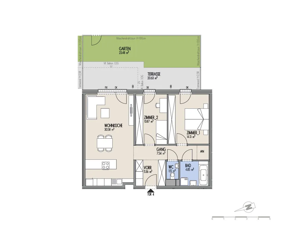 Hof am Park - Moderne 3-Zimmer-Wohnung mit ostseitiger Terrasse, Garten & Raumhöhe von 3,24 m - Ansicht 2