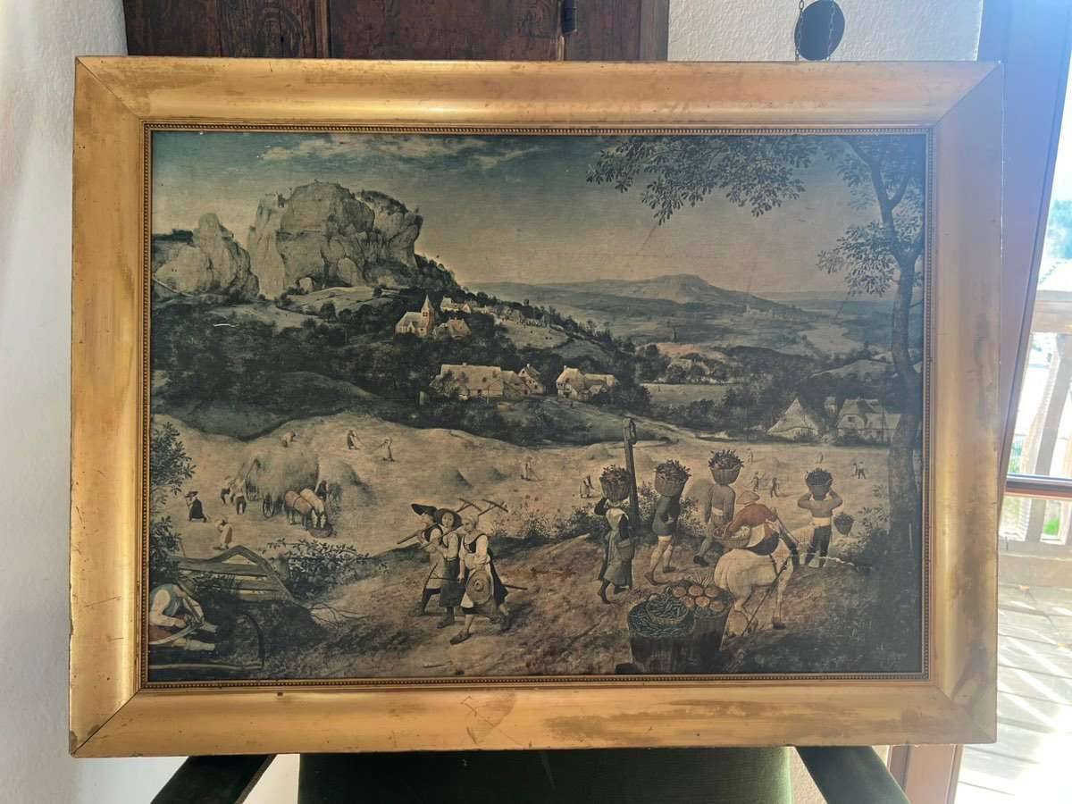 Großes dekoratives Landschaftsbild im edlen Goldrahmen - klassisches Bauernleben Moti