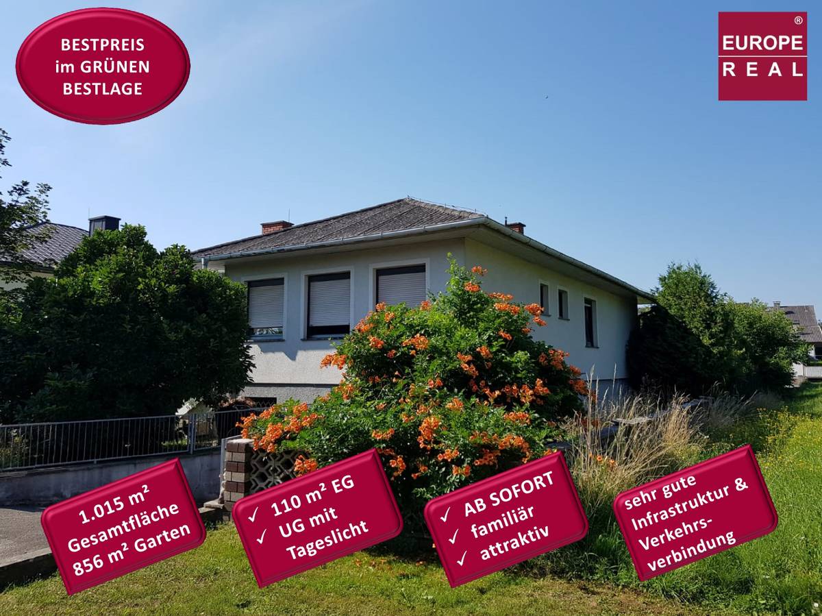 225 m² Zentrales Einfamilienhaus (115 m² Erdgeschoss + 110 m² Untergeschoss), 1.015 m² Grundstücksfläche, Kellergeschoss mit direktem Tageslicht, Oberwart