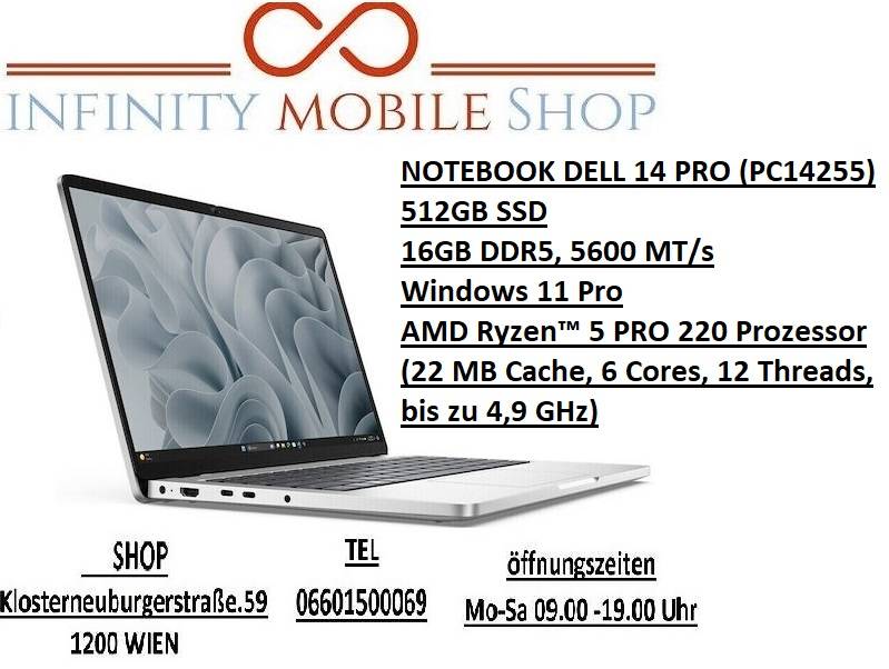 NOTEBOOK DELL 14PRO 512GB SSD/16GB DDRS/NEU (PC14255)/AMD Ryzen 5 PRO 220 Prozessor (22 MB Cache, 6 Cores, 12 Threads, bis zu 4,9 GHz)/AMD Ryzen 5 PRO 220-Prozessor mit AMD Radeon 740M-Grafikkarte