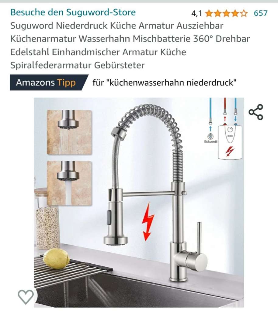 Niederdruck Küche Armatur Ausziehbar Küchenarmatur Wasserhahn Mischbatterie  360° Drehbar Edelstahl Einhandmischer ArmaturKüche Spiralfederarmatur  Gebürsteter