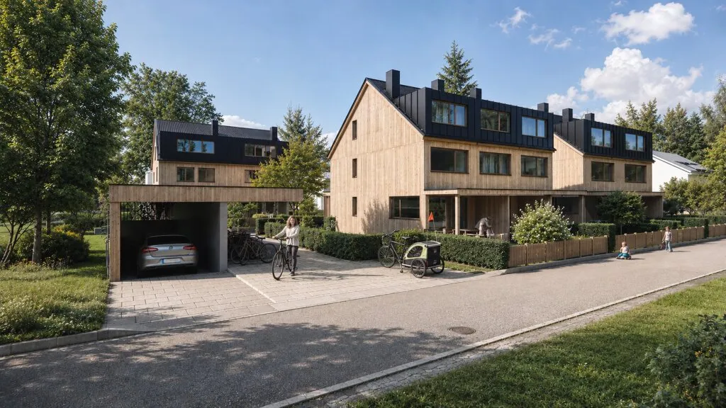 Feldkirch - Tosters, Neubau - Vollholz Eckreihenhaus mit 102 m², 5 Zimmer + Studio, eigener Keller und Garten - Bezug Herbst 2026 - Ansicht 2